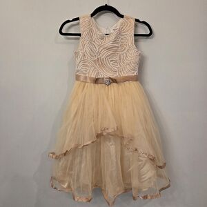 Girls Sunny Fashion Cream/TanChiffon w/Satin Ribbon Hem Sleeveless Dress Size 10